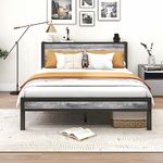 DUMEE Queen Bed Frame with Wood Storage Headboard, Metal Platform Bed Frames Queen Size, No Box Spring Needed, Noise Free, Black&Grey Oak