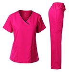 Dagacci Medical Uniform Women's Scrub Set Stretch Contrast Binding Top and Pants, Hot Pink, Medium