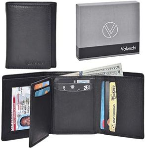 Valenchi - RFID Genuine Leather Trifold Wallet with Flap for Men and Women with 9 Card Slots, 2 Note Pocket Coin Pocket and ID Window (Black Nappa)