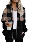 WIWIQS Womens Hooded Plaid Outwear Long Sleeve Zipper Loose Jacket Winter Casual Drawstring Coats PK BLK M