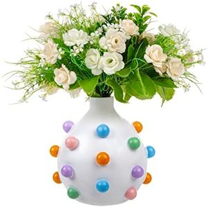 GUTE Bubble Multicolor Vase Detailed White Ceramic Planter, 9.25" Flower Plant Vase, Carved Pomponette Pastel Colors Classic - Plant Pot Colorful Round Bubble Detail for House