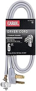 Dryer Cord, 10 AWG, 3-Conductor, 6', Gray Jacket, 250 Volts, 30 Amps, 7500 Watts, NEMA 10-30P, Type SRDT, UL Listed, for Dryers in Homes Built Before 1997