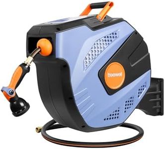 TREEWELL Retractable Garden Hose Reel, 1/2 in x 117ft Hybrid Hose, Heavy Duty Automatic Self-Rewind/Any Length Lock Outdoor Water Hose Reel Wall Mounted with 10 Patterns Nozzle, 180° Swivel Bracket