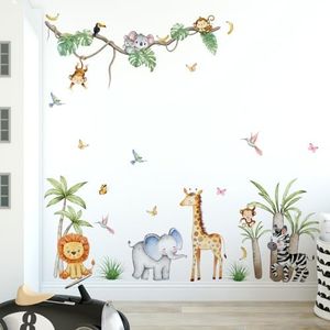 HaoFuJi Stickers Muraux Animaux de la Jungle Vigne Autocollant Mural Lion Singe Koala Deco Murale Chambre Enfants Bebe Garcon Fille Plante Pépinière Salon Décoration