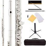 Mendini by Cecilio Premium Grade Silver Closed Hole C Flute with Stand, Book, Deluxe Case and Warranty, MFE-JS+SD+PB
