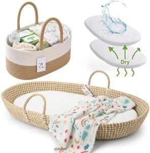 ZEAL'N LIFE Premium Nursery Bundle - Baby Changing Basket, Baby Diaper Caddy, Baby Towel and Waterproof Mattress Cover - Artisian Handmade & Organic, Moses Baskets for Newborn, Bassinet Basket