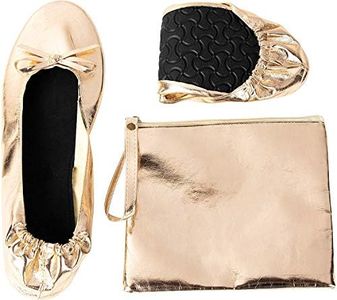 Gold Foldable Ballet Flats for Women, Roll Up Flats with Zipper Pouch, US Size 7-8