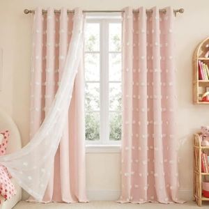 NICETOWN Pom Pom Pink Curtains 96 inches Long for Kids, Room Darkening Double Layer Sheer Drapes for Girls Bedroom, Thermal Insulated Window Treatments for Princess Room, W52 x L96, 2 Panels