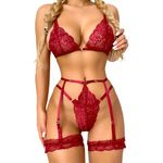 Satohom Women Lace Garter Lingerie Set 3 Pieces Lace Bra and Panty with Garter Belt Teddy Bodysuit, Sexy Deep V Neck Nightwear Floral Suspenders Set Embroidery Underwear for Women One Size Red Wine