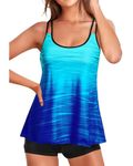 Yonique Womens Two Piece Swimsuits Tankini Top with Boy Shorts Tummy Control Bathing Suits Athletic Swimwear, Blue Gradient, Large