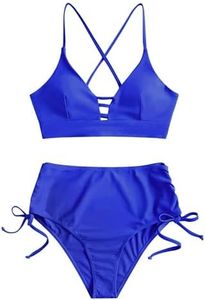 ZAFUL Women's Criss Cross High Waist Bikini Cinched Tie Two Piece Tankini Solid Padded Swimsuit Royal Blue S