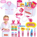 INNOCHEER Pink Doctor Kit for Kids 25 Pieces Pretend-n-Play Medical Toys Set with Roleplay Doctor Costume, Play Stethoscope for Toddlers and Kids, Medical Dr. Kit Toys for Girls Ages 3+