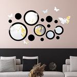24 pcs Mirror Wall Sticker Sliver Red Decal, DIY Removable Effect Wall Decals Butterfly & Round Acrylic Mirror Setting for Home Living Room Bedroom Decor, Black