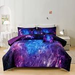 Helloosuu Galaxy Comforter Sets Twin 7PCS,Purple Comforter Set,Girls Bed Sets,Bed in a Bag with Flat Sheet and Fitted Sheet,Pillowcases,Cushions for Girls,Purple Galaxy Twin Bedding Sets