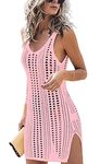 WNEEDU Women's Crochet Dress Beach Cover Up Bathing Suit Coverups for Women Swimsuit Swimwear Bikini Pink XL