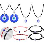 8 Pieces Evil Eye Necklace Bracelet Set 4 Evil Eye Pendant Turkish Blue Eye Necklace Glass Eye PU Leather Rope Necklace, 4 Adjustable Evil Eye Bracelets Handmade Braided 7 Knots Evil Eye Bracelet, As