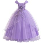 Weileenice Junior Girls Bridesmaid Lace Dress Lavender Cold Shoulder Vintage Embroidery Kids Wedding Pageant Birthday Party Formal Ball Gown 12 13 Beads Sequin Girl Daddy Daughter Dance Tulle Dresses