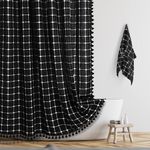 BESBESME Boho Farmhouse Shower Curtain Set with Hooks, Linen Rustic Heavy-Duty Fabric Water Repellent Vintage Country Bathroom Shower Curtain with Tassels, Plaid Thick Shower Curtain, Black, 72"x84"