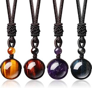 Hicarer 4 Pieces Natural Crystal Pendant Necklaces Crystal Lucky Blessing Chakra Crystal Beads Necklace 16 mm Black Obsidian Tiger Eyes Necklaces with Adjustable Braided Rope Cords (Classic)