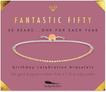 Lucky Feather 50th Birthday Gifts for Women Turning 50-14K Gold Dipped Beads Bracelet on Adjustable Cord, 50th Birthday Jewelry Gift Ideas 50 Year Old Woman