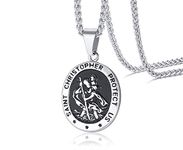 VNOX Vintage Stainless Steel Saint Christopher Protect Us Oval Medal Medallion Pendant Necklace Religious Jewellery for Men Women,Free Link Chain,23"