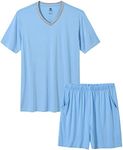 MoFiz Mens Pajama Set Summer Pjs Sleepwear Nightwear Lightweight Quick Dry Soft Short Sleeve V-Neck Pjs Sleep Set With Pocket, 5-sky Blue, Medium