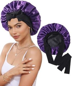 Satin Bonnet Silk Bonnet for Sleeping Silk Sleep Cap Double Layer Hair Bonnet with Elastic Tie Band for Curly Hair Night Cap(Black+Dark Purple)