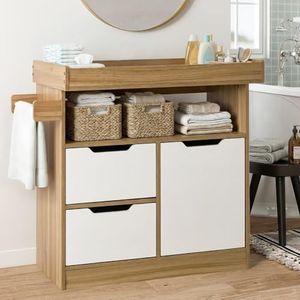 Oikiture Nursery Changing Drawers Cabinet – Baby Storage Table with Shelves for Bedroom or Playroom