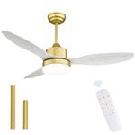 Melkelen Modern Gold Ceiling Fans with Lights and Remote Control, White Wood Blades, 48 Inch Indoor/Outdoor Ceiling Fans for Living Room, Bedroom, Covered Patios, MK05-GD