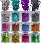 12 Colors Holographic Chunky Glitter Flakes Hexagon Shapes Glitter Sequins Nail Stickers Sparkles Resin Epoxy Accessories for Crafts Nail Art Body Makeup