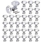 32 Pcs Drawer Knobs, 30mm Crystal Glass Cabinet Knobs Dresser Knobs Diamond Shape Drawer Kitchen Cabinets Dresser Cupboard Wardrobe Pulls Handles Glass Cabinet Knobs (Clear)