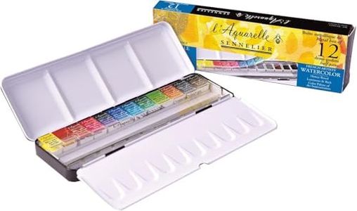Sennelier Classic Watercolour Metal Box, 12 Half Pans - Enhanced Longevity and Radiance, Quality Pigments, Compact and Lightweight, Perfect Blending - Ideal for Travelling Artists