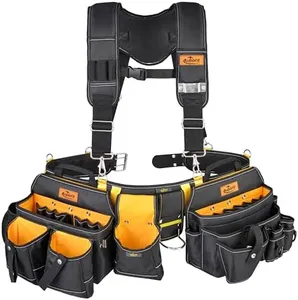 Aupofit Comfortable Tough Thick 7-Piece Tool Belt with Suspenders 32 Pockets and Loops,1680D Denier Fabric Heavy Duty Tool Belts with Carry Handles, Fits Waists 36-49In, Black and Yellow