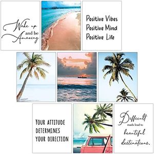 Chinco 9 Pieces Inspirational Beach Wall Art Office Motivational Quotes Wall Art Palm Tree Posters Set Summer Ocean Coastal Photos Prints for Men Women Bedroom Living Room Decoration