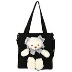 VALICLUD Plush Satchel Bag Sweet Lolita Bear Shoulder Bag Lace and Bowknot Decor Tote Bag Canvas Crossbody Messenger Bag