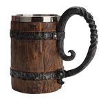 Vintage Faux Handmade Wooden Beer Barrel Mug,Drinkware Mug with Handle,Resin Bucket Mug for Men Coffee Beverage Juice,Stainless Steel Liner Beer Stein Vintage Tankard Beer Cup Unique Gift Mug