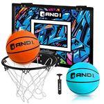 AND1 Mini Basketball Hoop: 18”x12” Pre-Assembled Portable Over The Door with Flex Rim, Includes Two Deflated 5” Mini Basketball with Pump, for Indoor, Orange/Light Blue