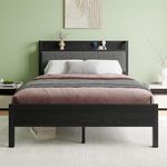 BORPHOM Double Bed Frames with Wooden Storage Headboard,Heavy Duty Metal Upholstered Platform Bed Frame Double Bed,Mattress Base/Strong Steel Slat Support/Under Bed Storage/Black