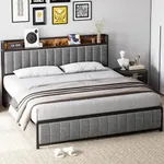 GAOMON King Size Bed Frame with Storage Headboard, Upholstered Platform Bed with USB Ports & Outlets, Strong Metal Slats Support, Noise Free, No Box Spring Needed, Easy Assembly (King, Gray)