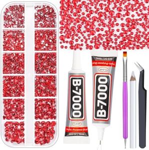 LABUBU Red Rhinestone with B7000 Adhesive Glue for Craft, 2100Pcs Flat Back Rhinestones Crystal Gems with Dotting Tools Clear Craft Glue for Clothes Fabric Shoes Jewelry Making Nail Art Makeup