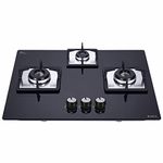 Elica Hob 3 Italian Burner Auto Ignition Glass Top - 2 Medium Lotus And 1 Small Lotus Burner Gas Stove (Flexi Hct 360 Dx Lotus Bk), Tempered Glass, Black