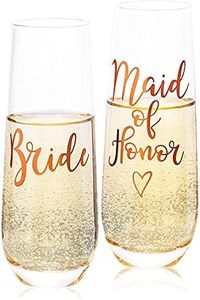 Juvale 2-Pack Rose Gold Glass Bride and Maid of Honor Stemless Champagne Wedding Flutes, 9.8 Ounces