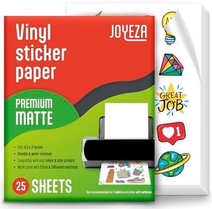 JOYEZA Premium Printable Vinyl Sticker Paper for Inkjet Printer - 25 Sheets Matte White Waterproof, Dries Quickly Vivid Colors, Holds Ink well- Tear Resistant - Inkjet & Laser Printer