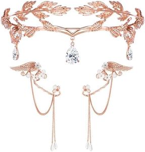 Kakonia Fée Elfe Costume Accessoires pour Femmes Strass Feuille Bandeau Couronne Elfe Oreilles Elfe Boucles D'oreilles pour Halloween Cosplay Or
