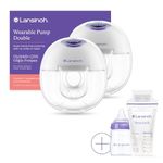 Lansinoh Wearable Electric Breast Pump Bundle - 4 Pumping Modes, 9 Suction Levels - Hands Free Portable & Quiet Pumping- LED Display - Includes 25 Breast Milk Storage Bags + Feeding Bottle