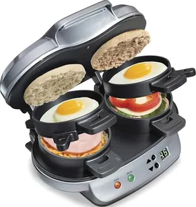 Hamilton Beach Dual Breakfast Sandwich Maker with Timer, Ready in 5 Minutes, Removable Dishwasher Safe PFAS-Free Non-Stick Egg Cooker Ring, Silver (25490MNA)