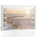 KAIRNE 3D Fake Windows Wall Art,Ocean Sunset Poster 39×59CM,Coastal Beach Canvas,Landscape Wall Art for Living Room,Ocean Beach Artwork,Beach Seaside Painting,Sun Wall Decor for Bedroom Bathroom