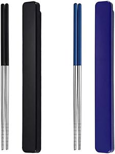 Portable & Reusable Chopsticks Stainless Steel Chopsticks with Case for School,Camping,Travel, Bento Box, 9 Inches in length, Alternative to Wooden (Black+Blue)