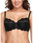 WingsLove Women's Floral Lace Full Coverage Bra Non-Padded Underwire Sexy Lace Bras for Women, Black,32DDD