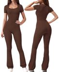 Wenlia One Piece Bodysuit Flared Jumpsuit for Women, Sweetheart Neck Flared Leg Full Length Workout Jumpsuits Brown M